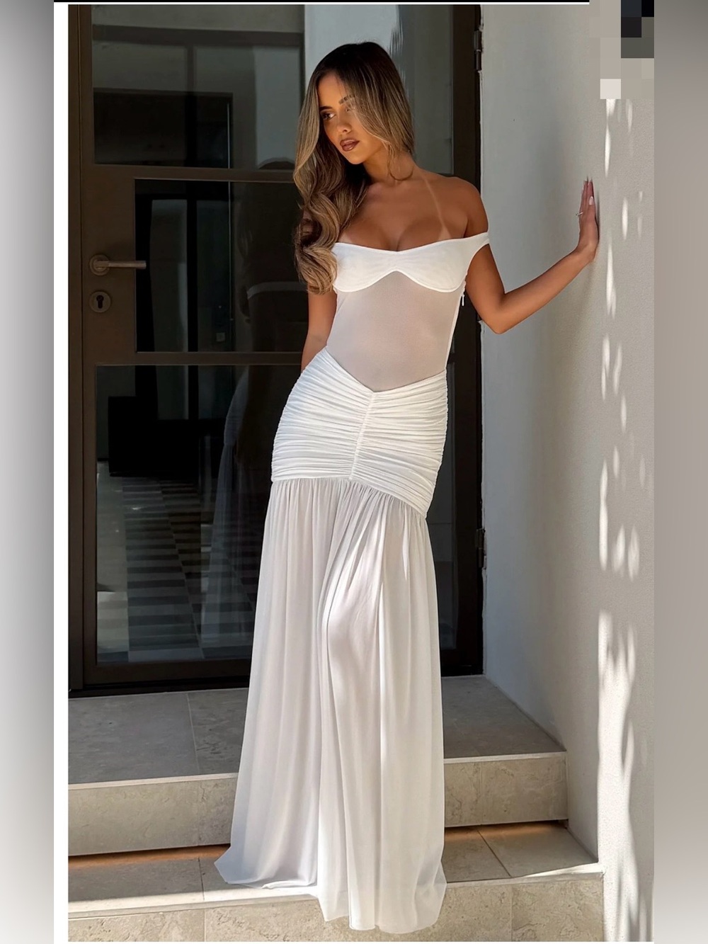 White Fox Sheer Bodice Center Ruching Maxi Dress in Off-White- NWT